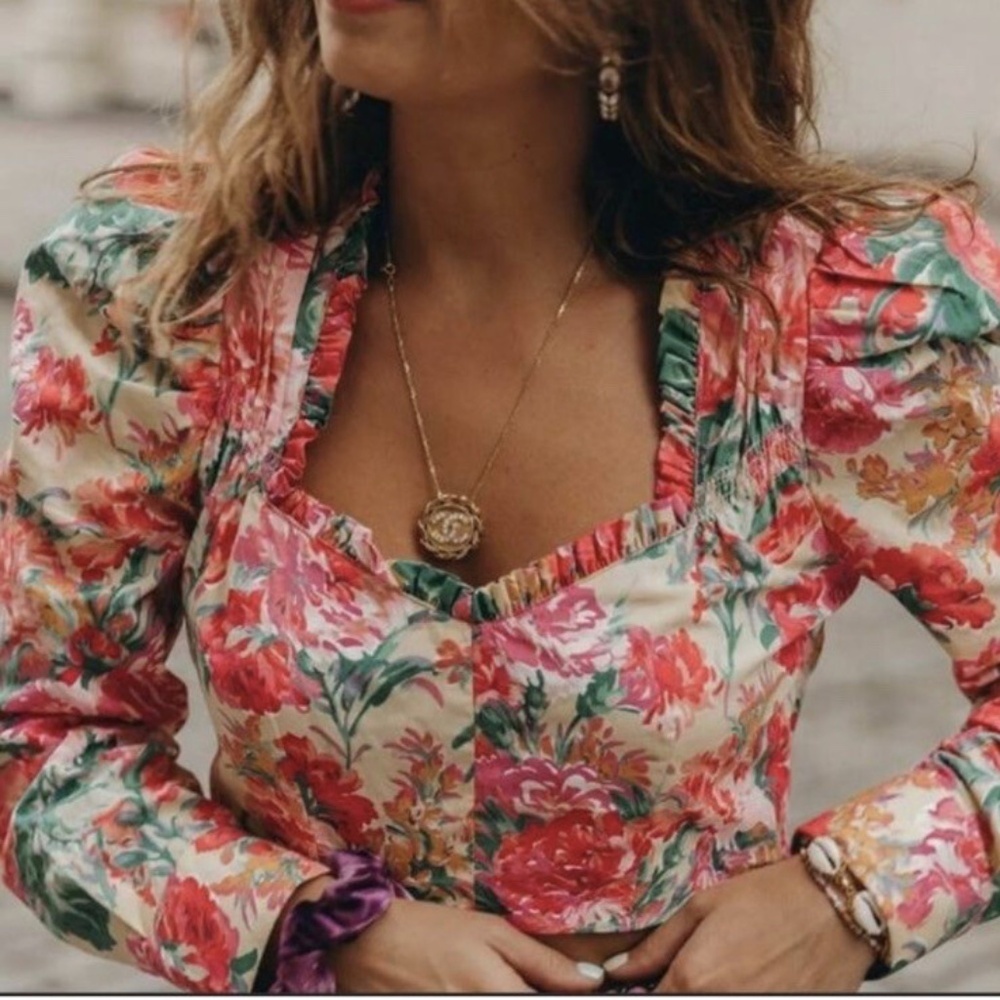 Zara Floral Cropped Blouse Puffed Long Sleeve Size Small Pink Green
